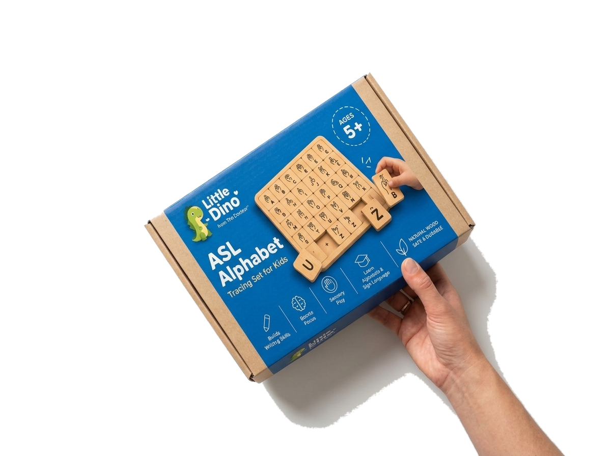 Hand Holding Little Dino ASL Alphabet Tracing Set Box from Right Edge
